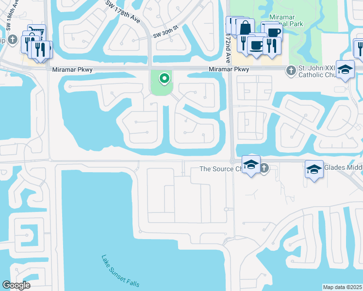 map of restaurants, bars, coffee shops, grocery stores, and more near 17488 Southwest 36th Street in Miramar