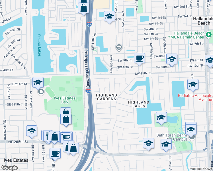 map of restaurants, bars, coffee shops, grocery stores, and more near 1915 Northeast 213th Terrace in Miami