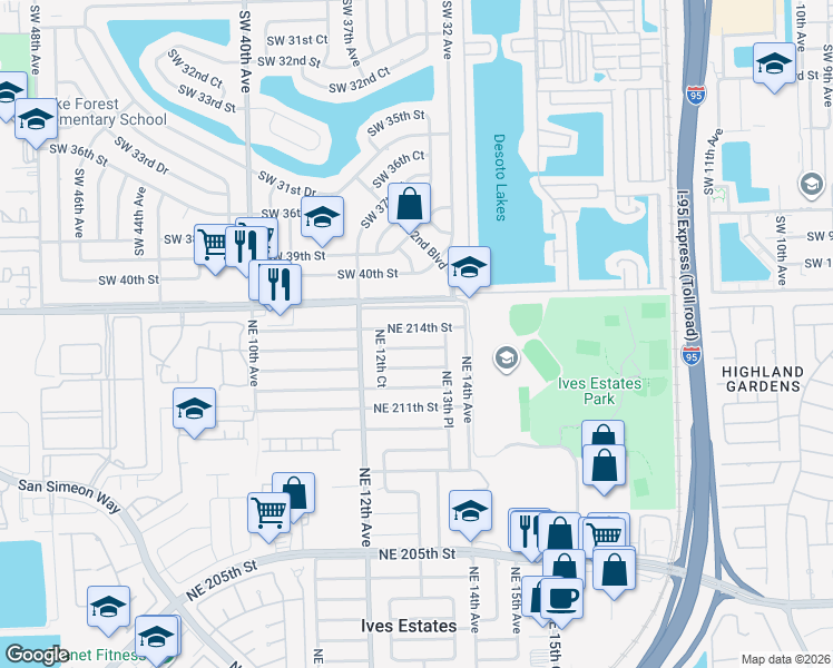 map of restaurants, bars, coffee shops, grocery stores, and more near 1300 NE 214th St in North Miami Beach