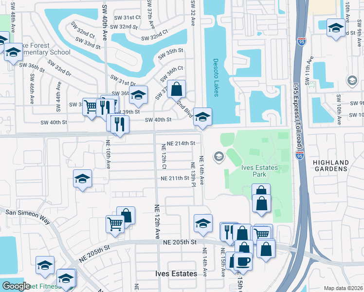 map of restaurants, bars, coffee shops, grocery stores, and more near 1300 Northeast 214th Street in North Miami Beach