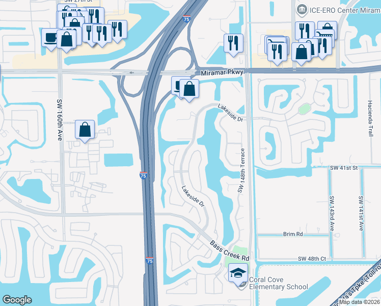map of restaurants, bars, coffee shops, grocery stores, and more near 3960 Southwest 152nd Avenue in Miramar