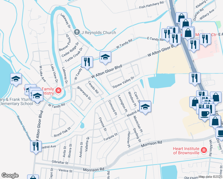 map of restaurants, bars, coffee shops, grocery stores, and more near 1156 Squaw Valley Drive in Brownsville
