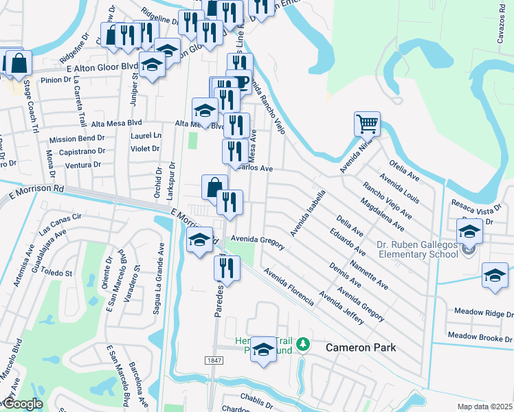 map of restaurants, bars, coffee shops, grocery stores, and more near 3764 Paredes Line Road in Brownsville