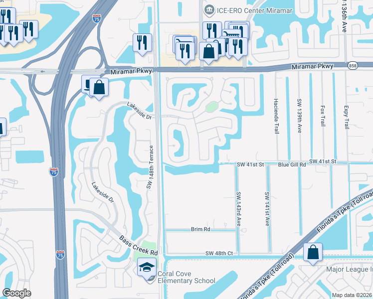 map of restaurants, bars, coffee shops, grocery stores, and more near 3960 Southwest 146th Avenue in Miramar