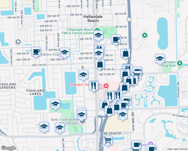 map of restaurants, bars, coffee shops, grocery stores, and more near 2651 Northeast 212th Terrace in Aventura