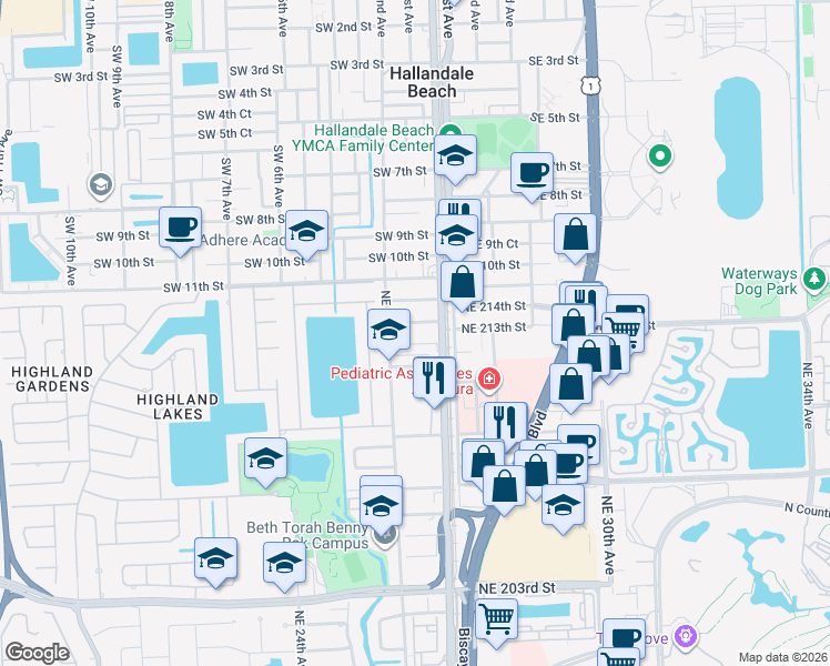 map of restaurants, bars, coffee shops, grocery stores, and more near 2610 Northeast 213th Street in Miami