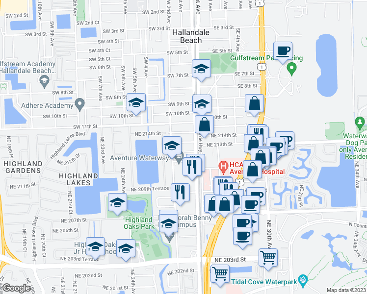 map of restaurants, bars, coffee shops, grocery stores, and more near 2610 Northeast 213th Street in Miami