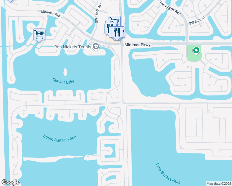map of restaurants, bars, coffee shops, grocery stores, and more near 3900 Southwest 185th Avenue in Miramar