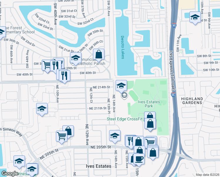 map of restaurants, bars, coffee shops, grocery stores, and more near 21341 NE 13th Pl in Miami