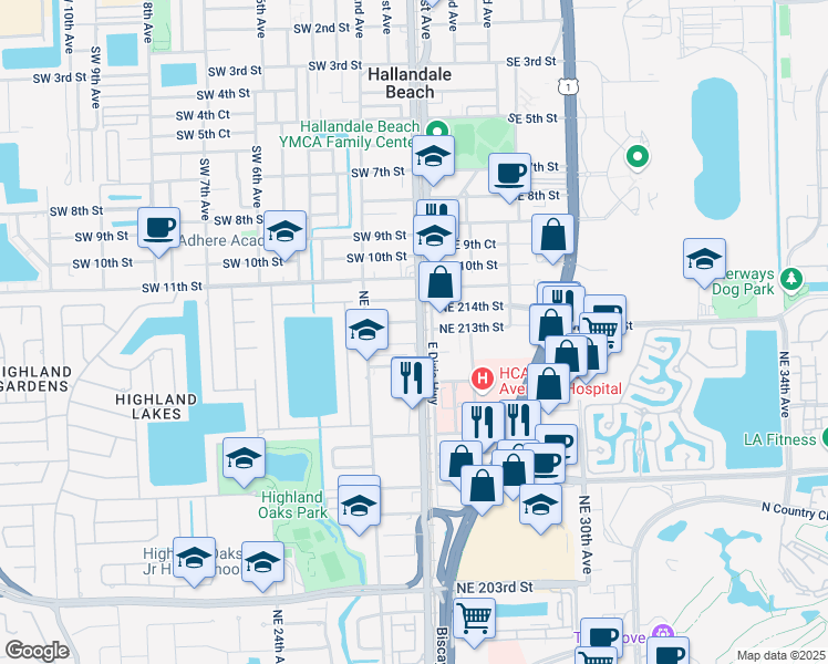 map of restaurants, bars, coffee shops, grocery stores, and more near 2630 Northeast 213th Street in Aventura