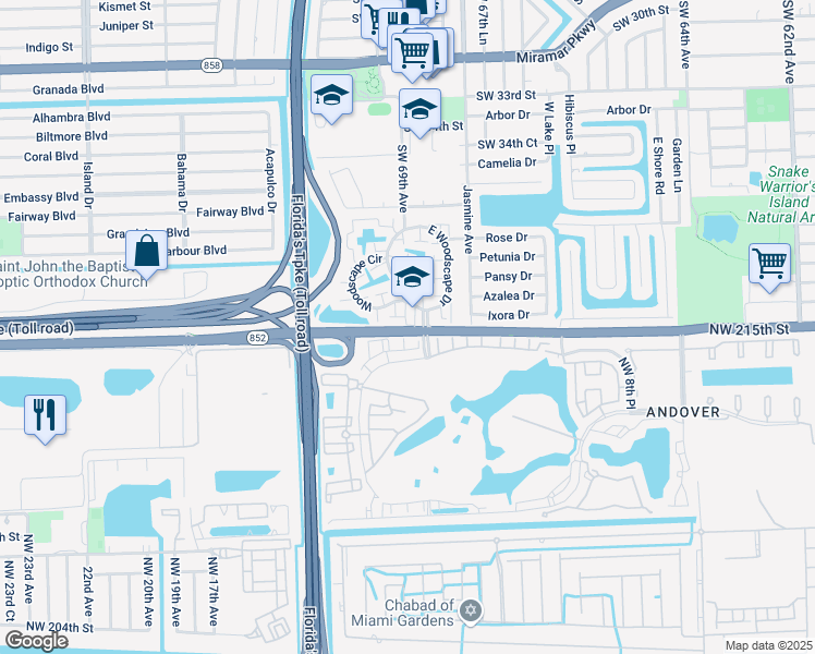 map of restaurants, bars, coffee shops, grocery stores, and more near 762 Northwest 215th Street in Miramar