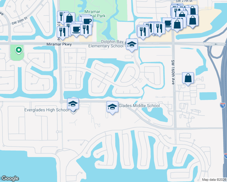 map of restaurants, bars, coffee shops, grocery stores, and more near 3830 Southwest 166th Avenue in Miramar