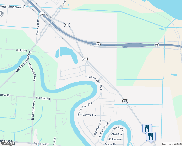 map of restaurants, bars, coffee shops, grocery stores, and more near 110 Calgary Court in Brownsville