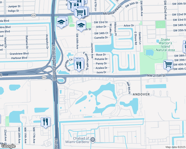 map of restaurants, bars, coffee shops, grocery stores, and more near 7170 Southwest 68th Avenue in Miramar