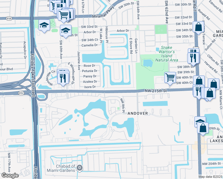 map of restaurants, bars, coffee shops, grocery stores, and more near 6648 Emerald Lake Drive in Miramar