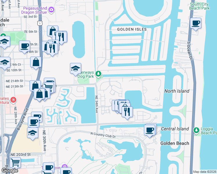 map of restaurants, bars, coffee shops, grocery stores, and more near 21195 Helmsman Drive in Aventura