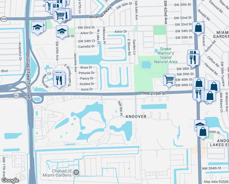 map of restaurants, bars, coffee shops, grocery stores, and more near 6648 Emerald Lake Drive in Miramar