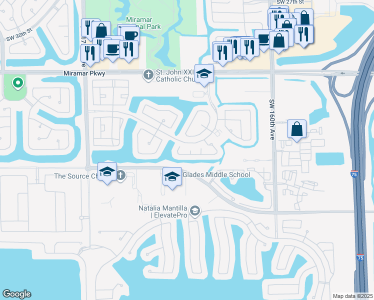 map of restaurants, bars, coffee shops, grocery stores, and more near 3808 Southwest 165th Terrace in Miramar