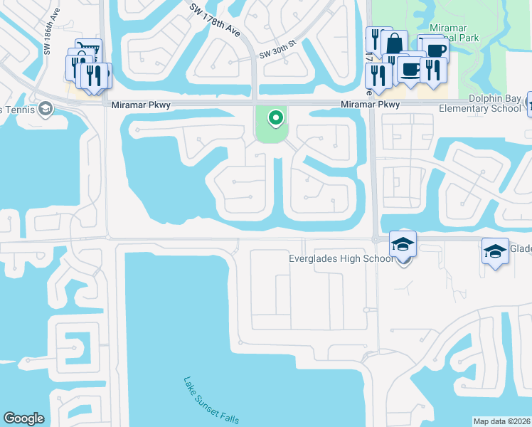 map of restaurants, bars, coffee shops, grocery stores, and more near 17708 Southwest 36th Street in Miramar