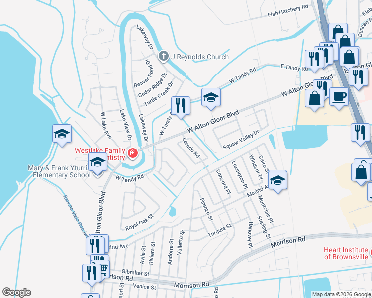 map of restaurants, bars, coffee shops, grocery stores, and more near 3439 Heritage Circle in Brownsville