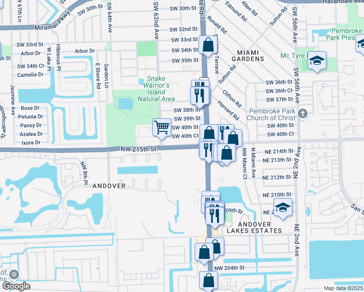 map of restaurants, bars, coffee shops, grocery stores, and more near 6261 County Line Road in Miami