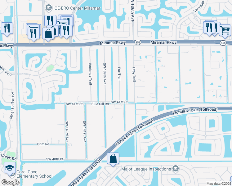 map of restaurants, bars, coffee shops, grocery stores, and more near 4000 Fox Trail in Miramar