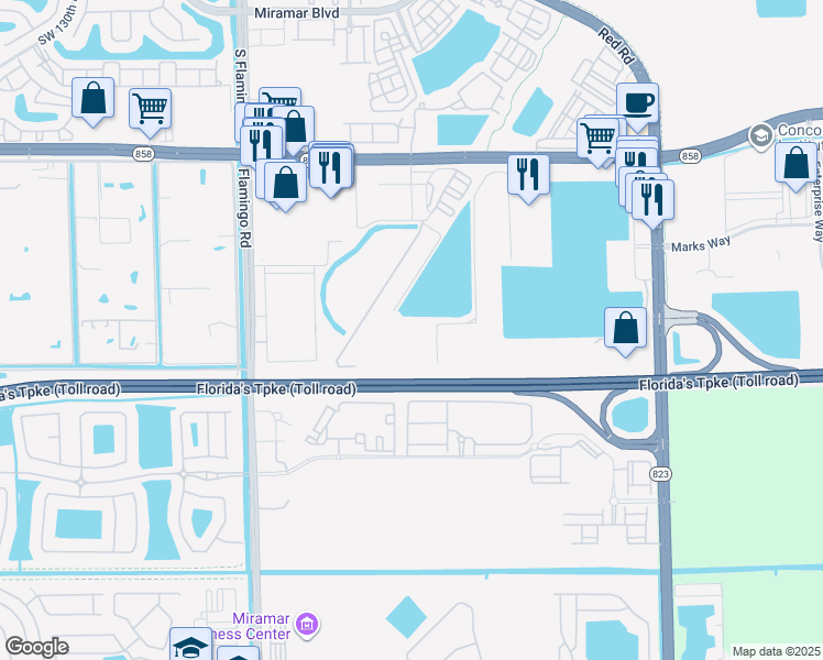 map of restaurants, bars, coffee shops, grocery stores, and more near 11740 Miramar Parkway in Miramar