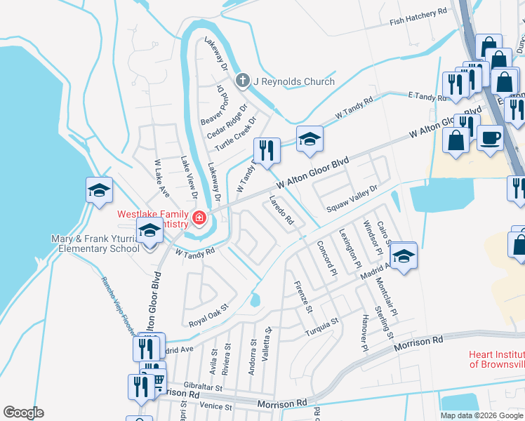 map of restaurants, bars, coffee shops, grocery stores, and more near 3439 Heritage Circle in Brownsville
