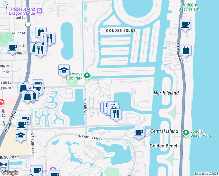 map of restaurants, bars, coffee shops, grocery stores, and more near 21385 Marina Cove Circle in Miami