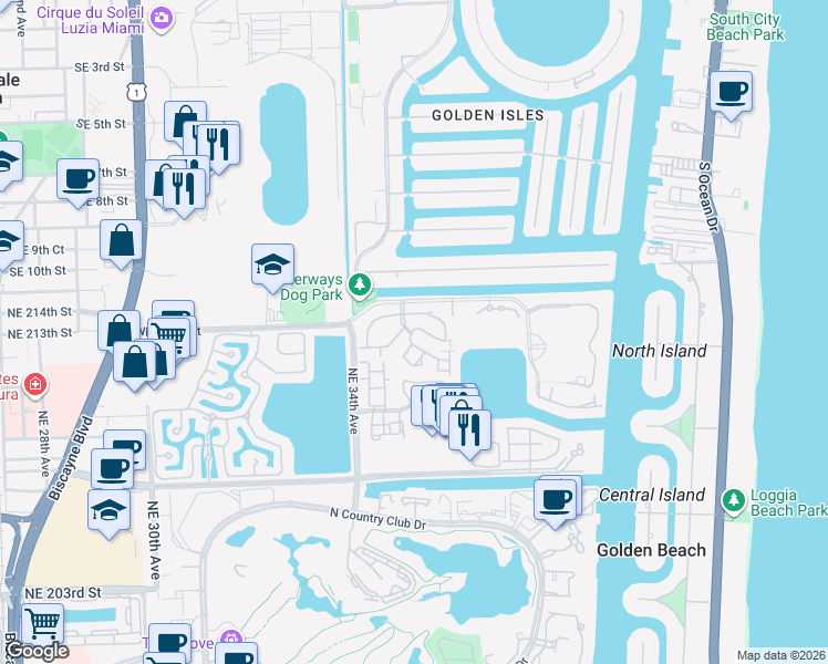 map of restaurants, bars, coffee shops, grocery stores, and more near 21388 Marina Cove Circle in Miami