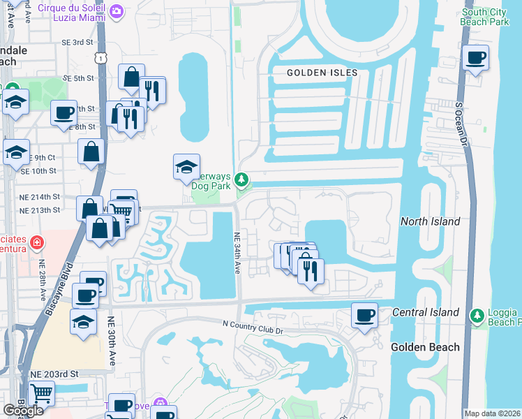 map of restaurants, bars, coffee shops, grocery stores, and more near 21200 Harbor Way in Miami