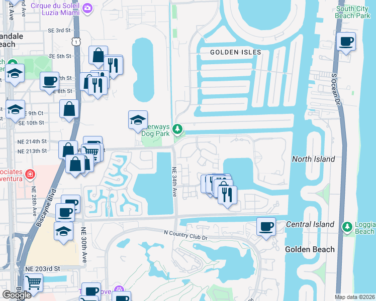 map of restaurants, bars, coffee shops, grocery stores, and more near 21200 Harbor Way in Miami