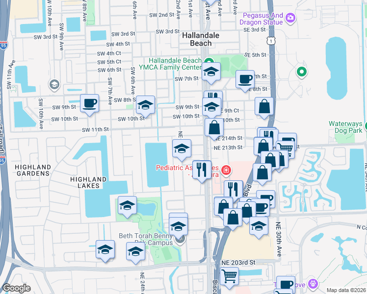 map of restaurants, bars, coffee shops, grocery stores, and more near 2610 Northeast 213th Street in Miami