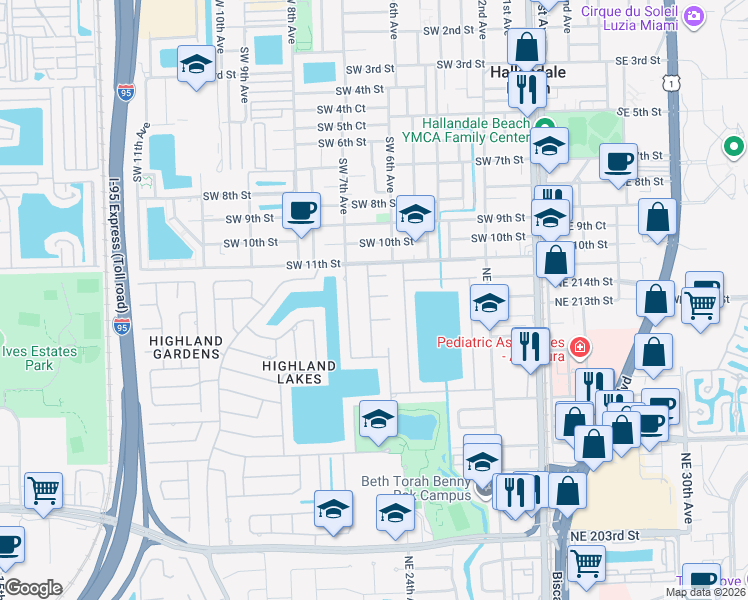 map of restaurants, bars, coffee shops, grocery stores, and more near 21300 Northeast 23rd Court in Miami