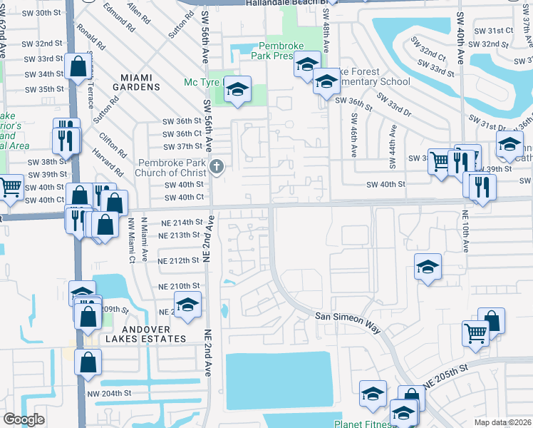 map of restaurants, bars, coffee shops, grocery stores, and more near 21471 San Simeon Way in Miami