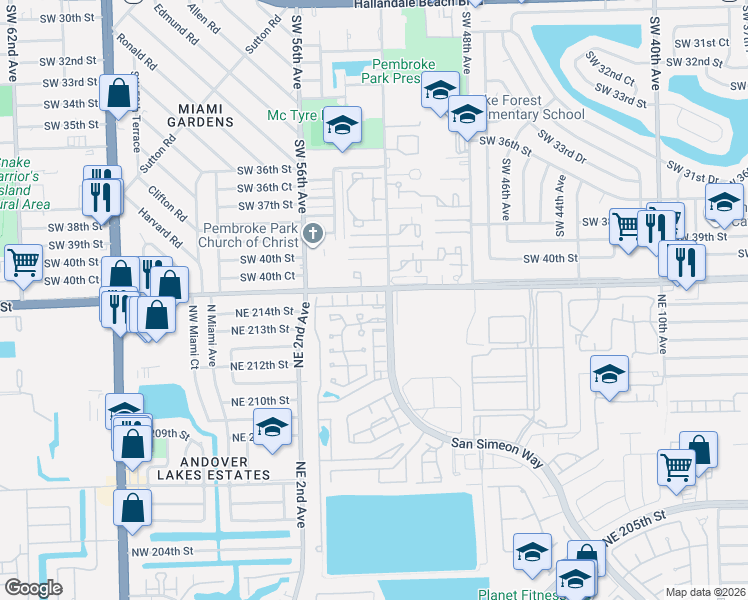 map of restaurants, bars, coffee shops, grocery stores, and more near 21471 San Simeon Way in Miami