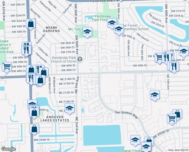 map of restaurants, bars, coffee shops, grocery stores, and more near 21471 San Simeon Way in Miami