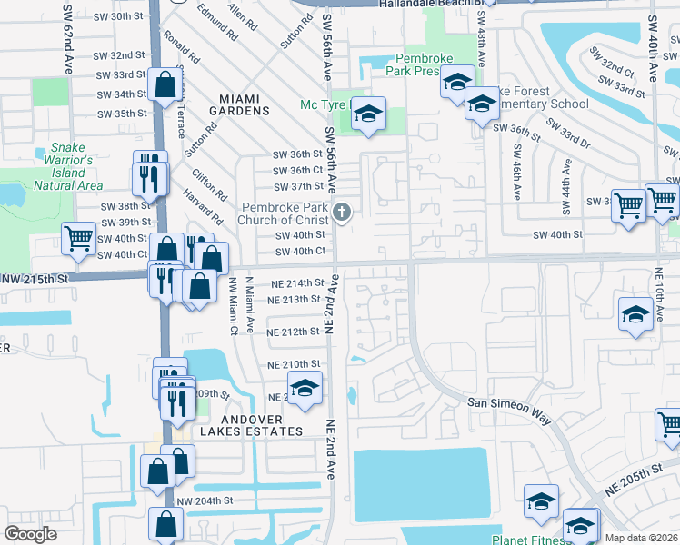 map of restaurants, bars, coffee shops, grocery stores, and more near in Pembroke Park