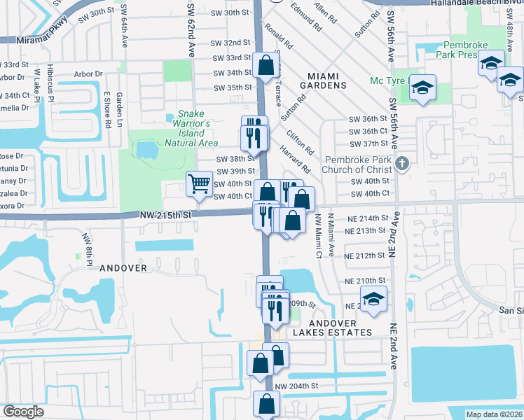 map of restaurants, bars, coffee shops, grocery stores, and more near in West Park