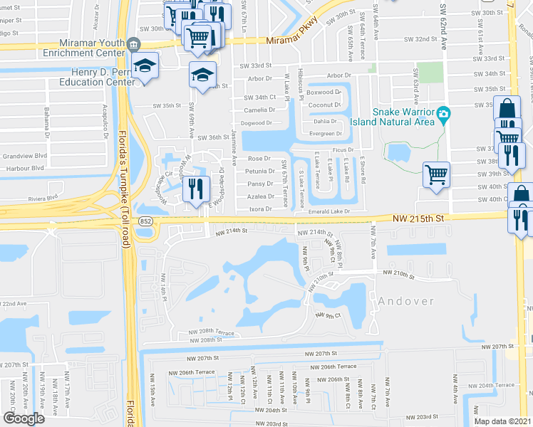map of restaurants, bars, coffee shops, grocery stores, and more near 6740 Ixora Drive in Miramar