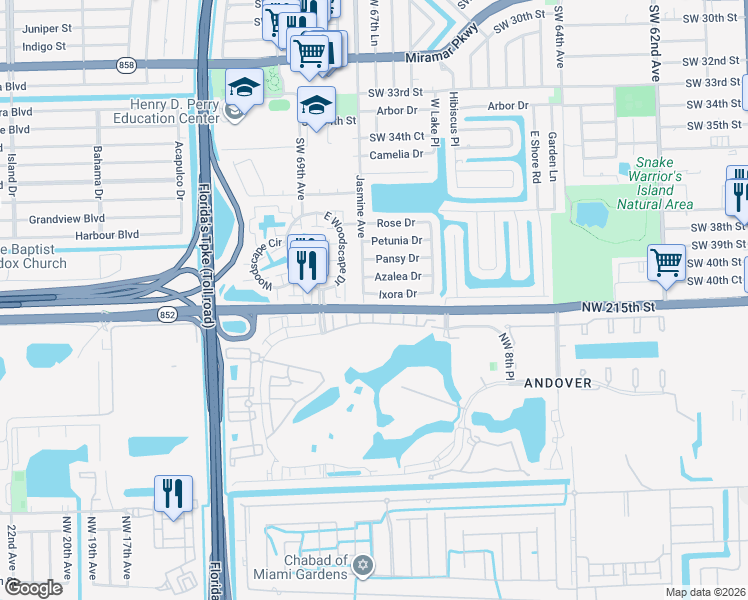 map of restaurants, bars, coffee shops, grocery stores, and more near 6772 Ixora Drive in Miramar