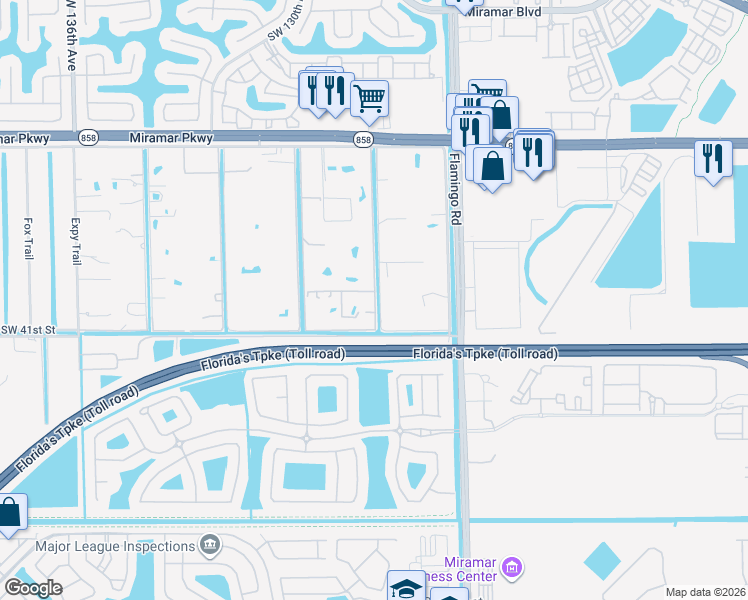 map of restaurants, bars, coffee shops, grocery stores, and more near 3951 Southwest 126th Avenue in Miramar