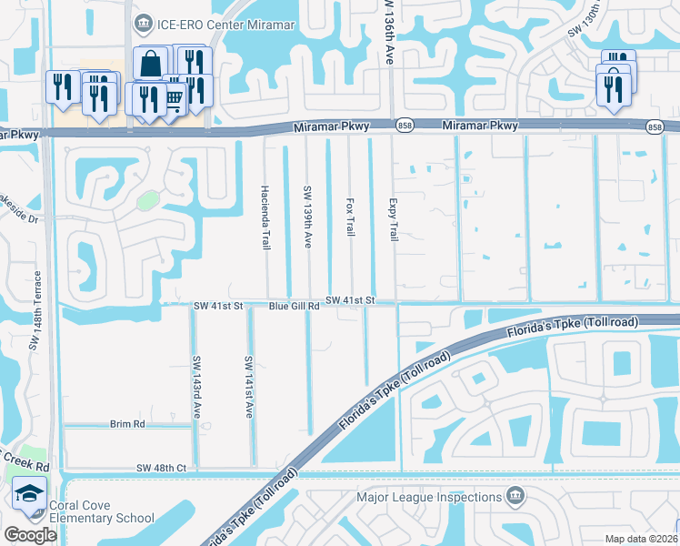 map of restaurants, bars, coffee shops, grocery stores, and more near 4000 Fox Trail in Miramar