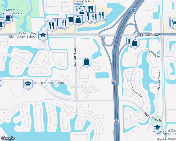 map of restaurants, bars, coffee shops, grocery stores, and more near 15786 Southwest 40th Street in Miramar