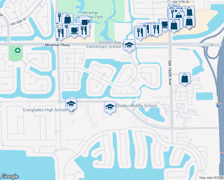 map of restaurants, bars, coffee shops, grocery stores, and more near 3830 Southwest 166th Avenue in Miramar