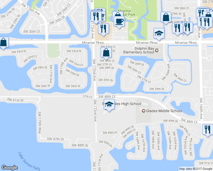 map of restaurants, bars, coffee shops, grocery stores, and more near 17104 Southwest 39th Court in Miramar