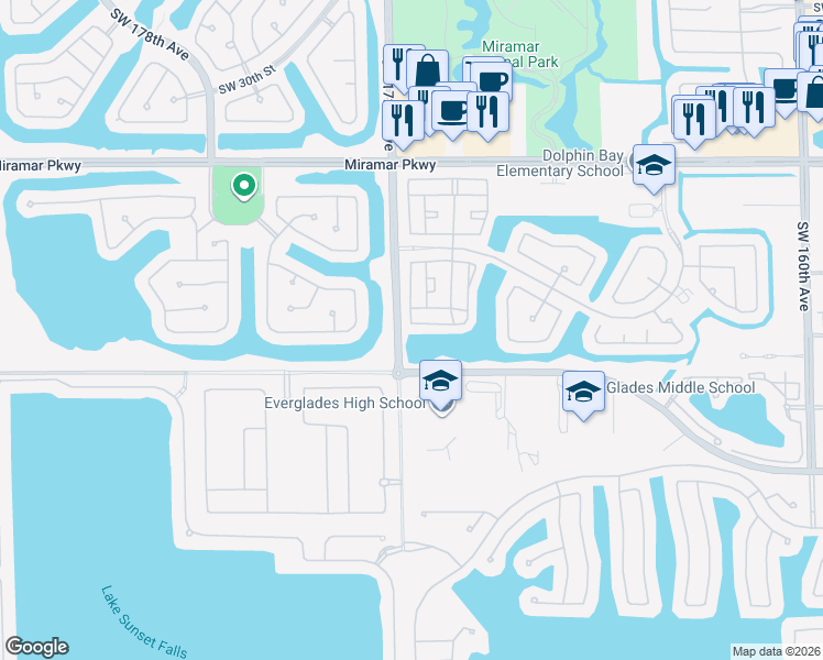 map of restaurants, bars, coffee shops, grocery stores, and more near 17104 Southwest 39th Court in Miramar