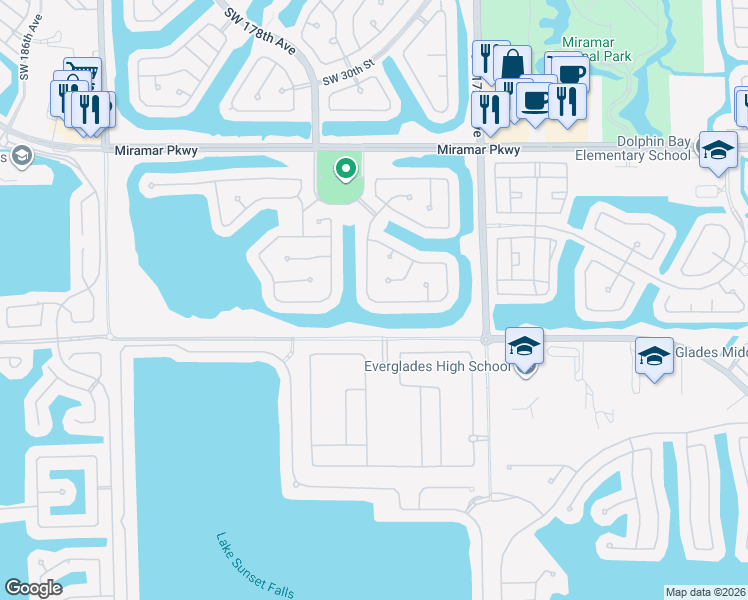 map of restaurants, bars, coffee shops, grocery stores, and more near 17488 Southwest 36th Street in Miramar