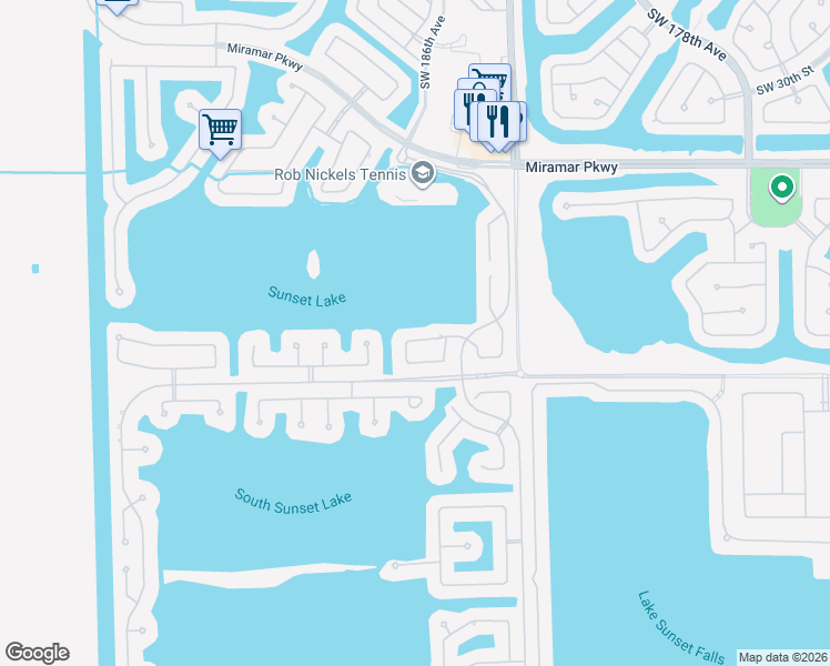 map of restaurants, bars, coffee shops, grocery stores, and more near 18631 Southwest 39th Street in Miramar