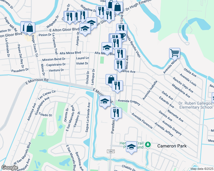 map of restaurants, bars, coffee shops, grocery stores, and more near 4455 Paredes Line Road in Brownsville